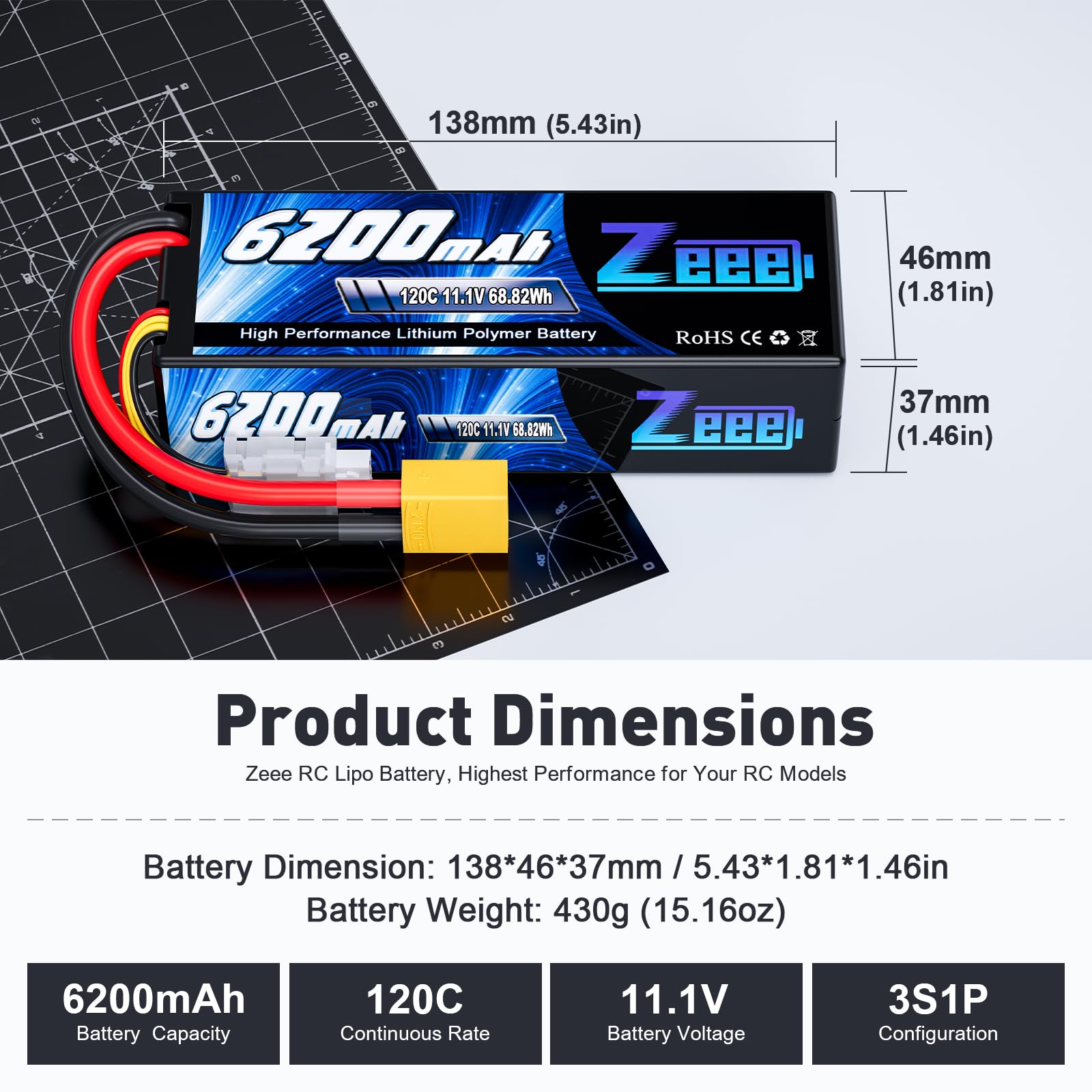 Zeee 3S Lipo Akku 11,1V 120C 6200mAh mit XT90 Stecker Hardcase RC-Akku für Fahrzeuge im Maßstab 1/8 1/10, RC-Autos, Tanklastwagen, Rennmodelle (2Pack)