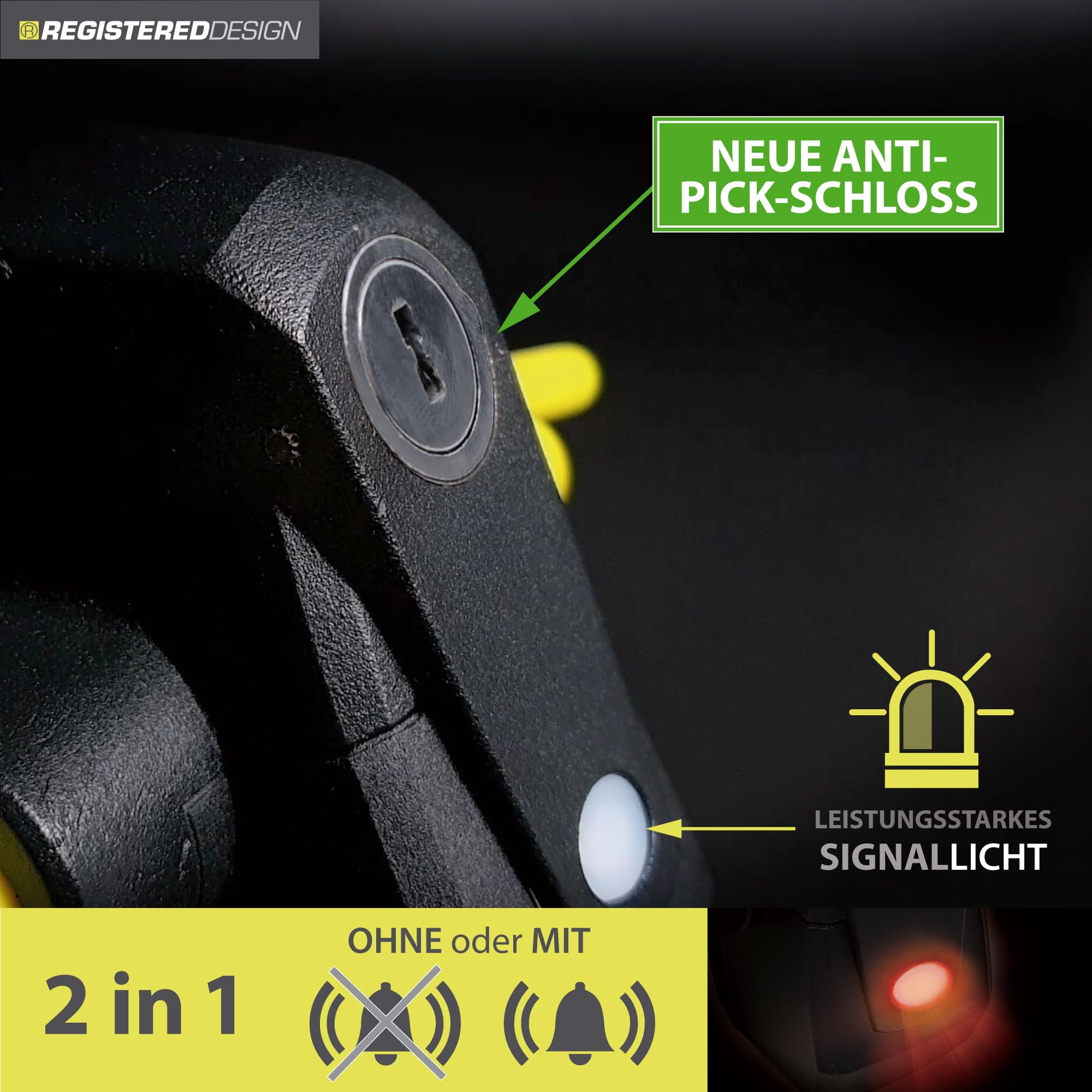 ARTAGO 870 Hochwertige Lenkradkralle 2in1 Ohne/Mit Alarm 120dB+LED, Sicherer und Abschreckender Lenkradsperre um die Lenkradspeiche, Fortschrittlichste Lenkradschloss zur Auto-Diebstahlsicherung