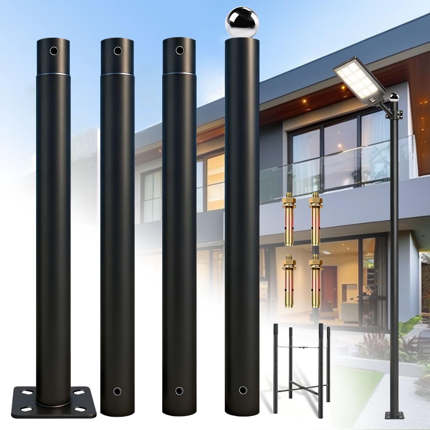 Street Light Pole 13Ft Tall, Outdoor Metal Split Heavy Duty Street Lamp Post for Outside Large Solar Street Lights with Mounting Steel Anchor for Street, Parking Lots, Park & Patio