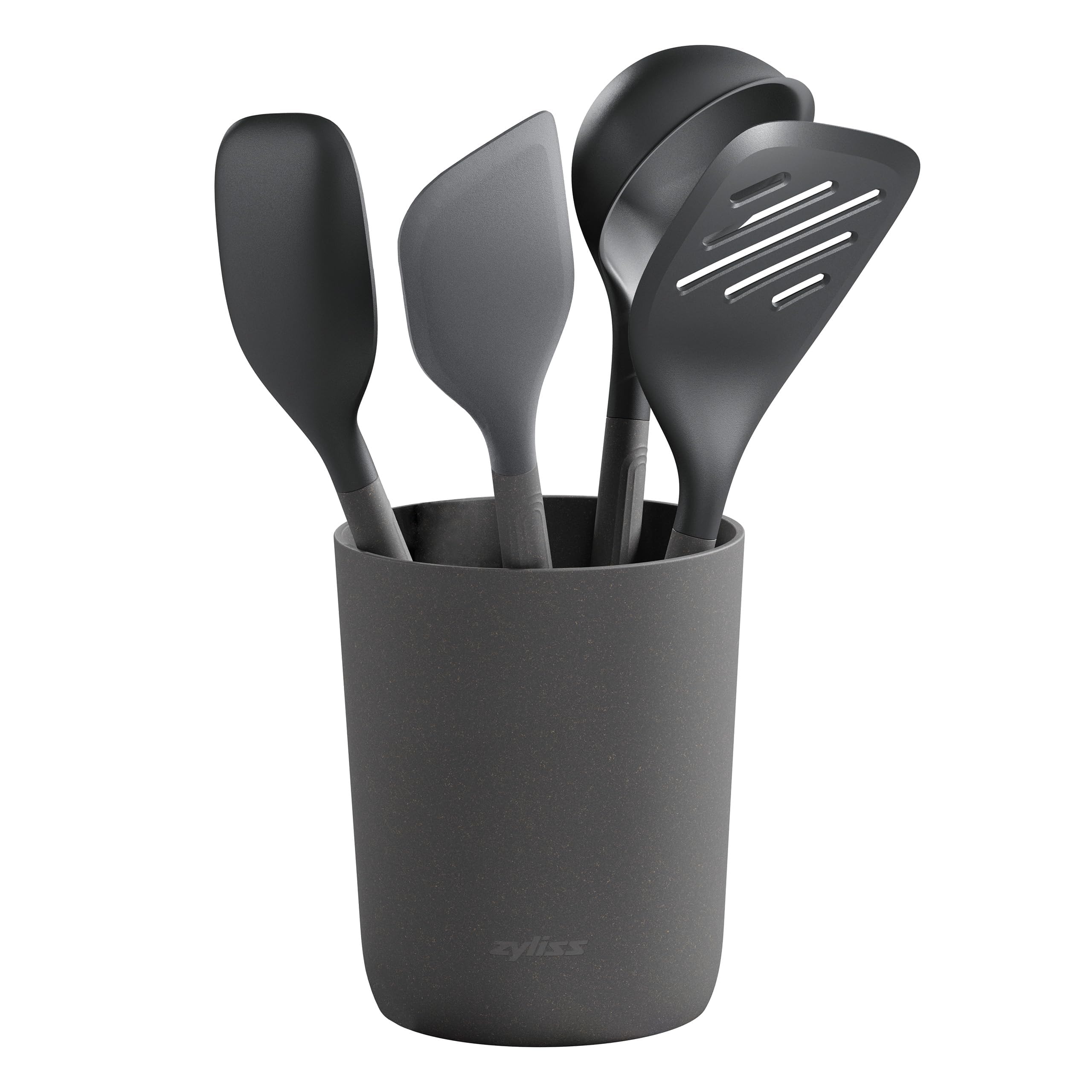 Zyliss 5 Piece Kitchen Utensil Set, Sustainable Wheat Straw, Includes, Ladle, Turner, Spatula, Spoon and Holder, Heat Resistant, Non-Stick, Beluga Grey