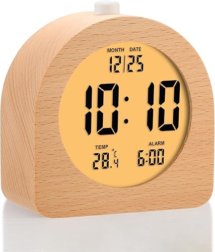 Miniatura 11 de Plumeet Reloj Despertador Digital de Madera para Dormitorios, Reloj Despertador de Madera de 4'' a Batería con Repetición y Luz Nocturna, Reloj