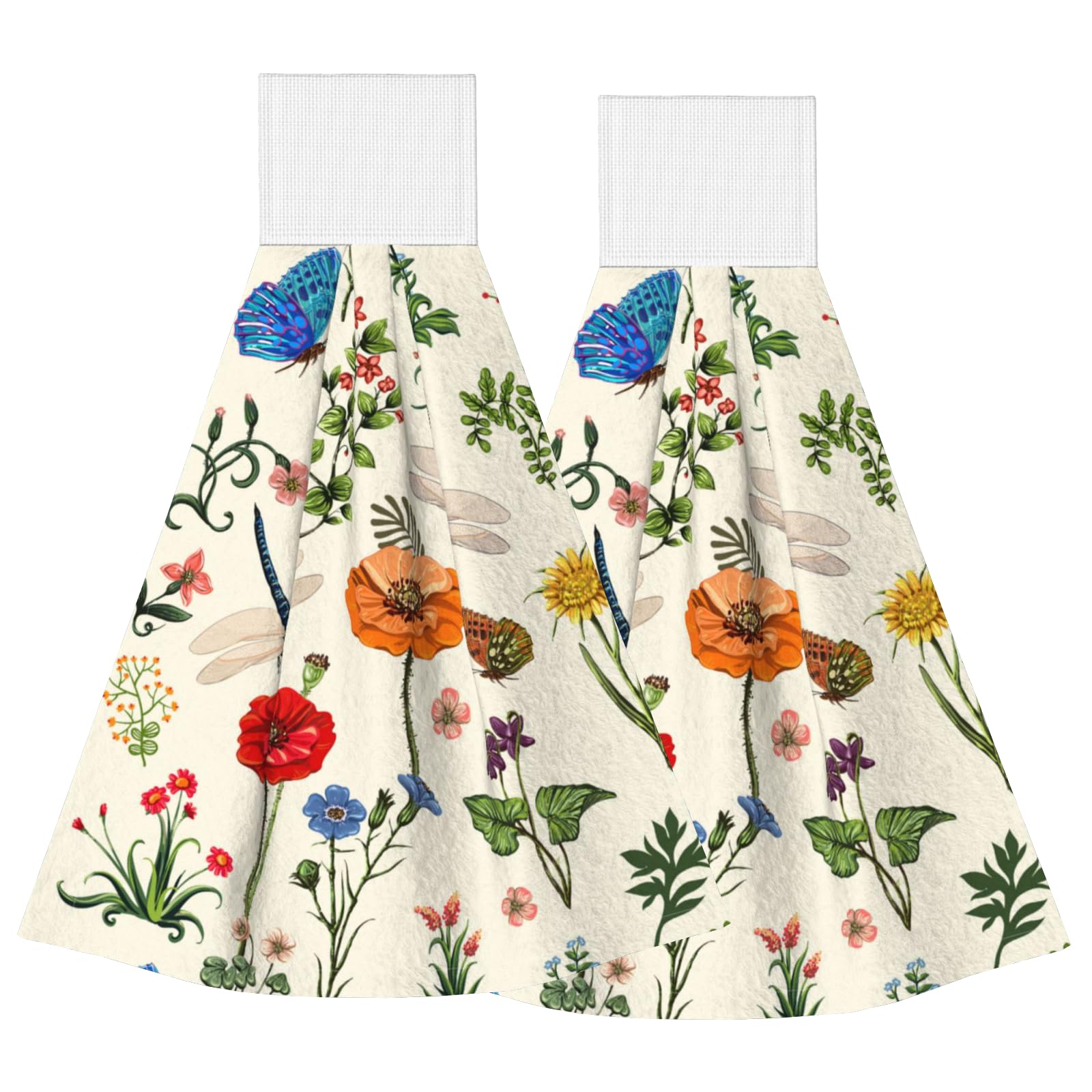 YINFILAN Set of 2 Herbs and Wild Flowers Hanging Tie Towels Butterfly Dragonfly Kitchen Drying Hand Towel Absorbent Soft Coral Velvet Dish Wipe Cloth