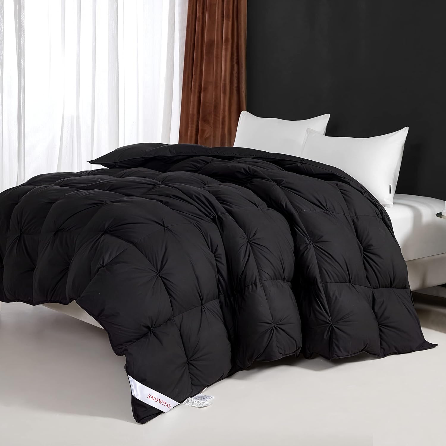 SNOWMAN Premium Down Comforter Queen Size, Luxurious All Season Duvet Insert with Cotton Blended Fabric, Pinch Pleat Design Hotel Bedding Comforter (Black,90"x90") - Image 6