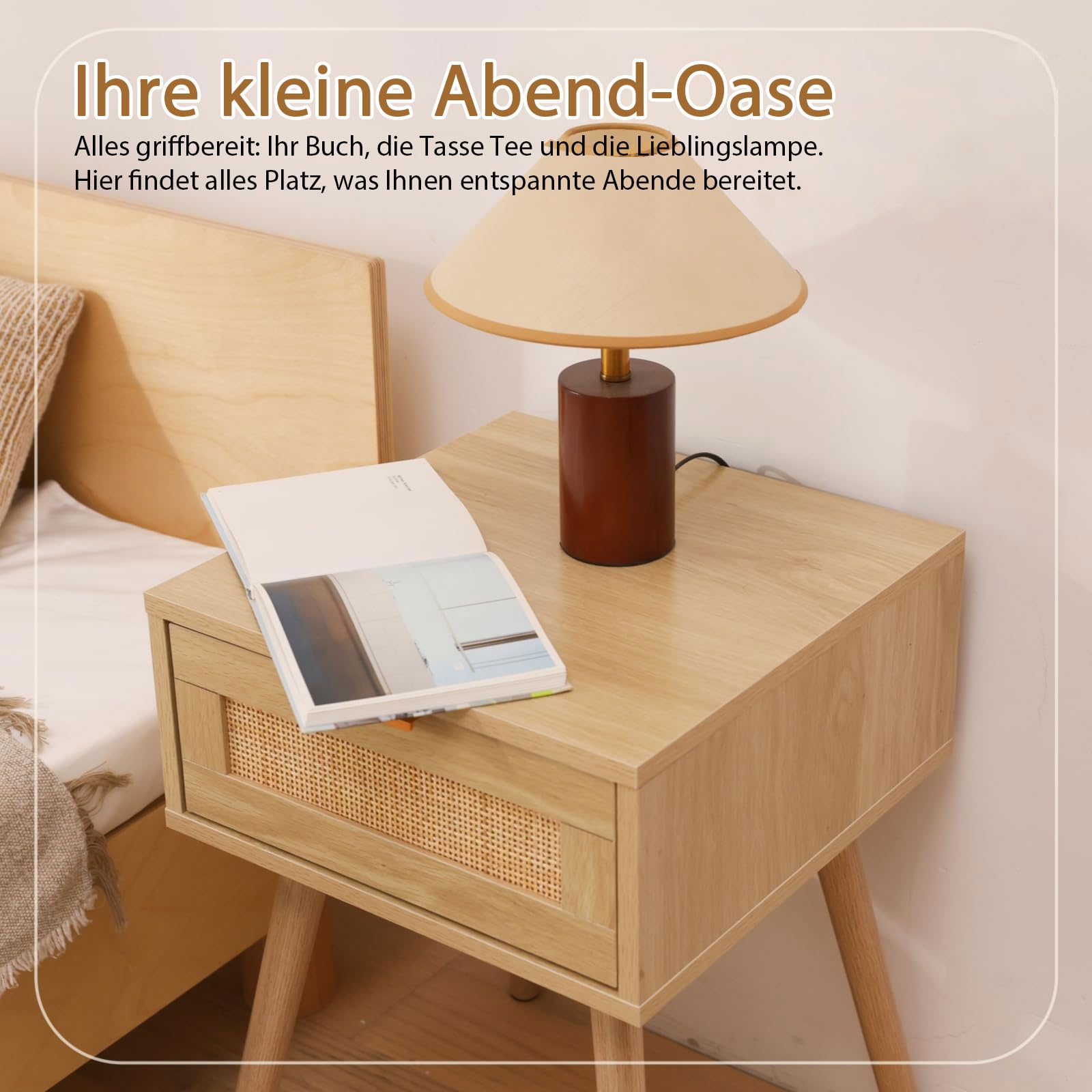 GRAVFORCE Nachttisch Rattan 2er Set Beistelltisch mit Schublade (Holzfarbe)