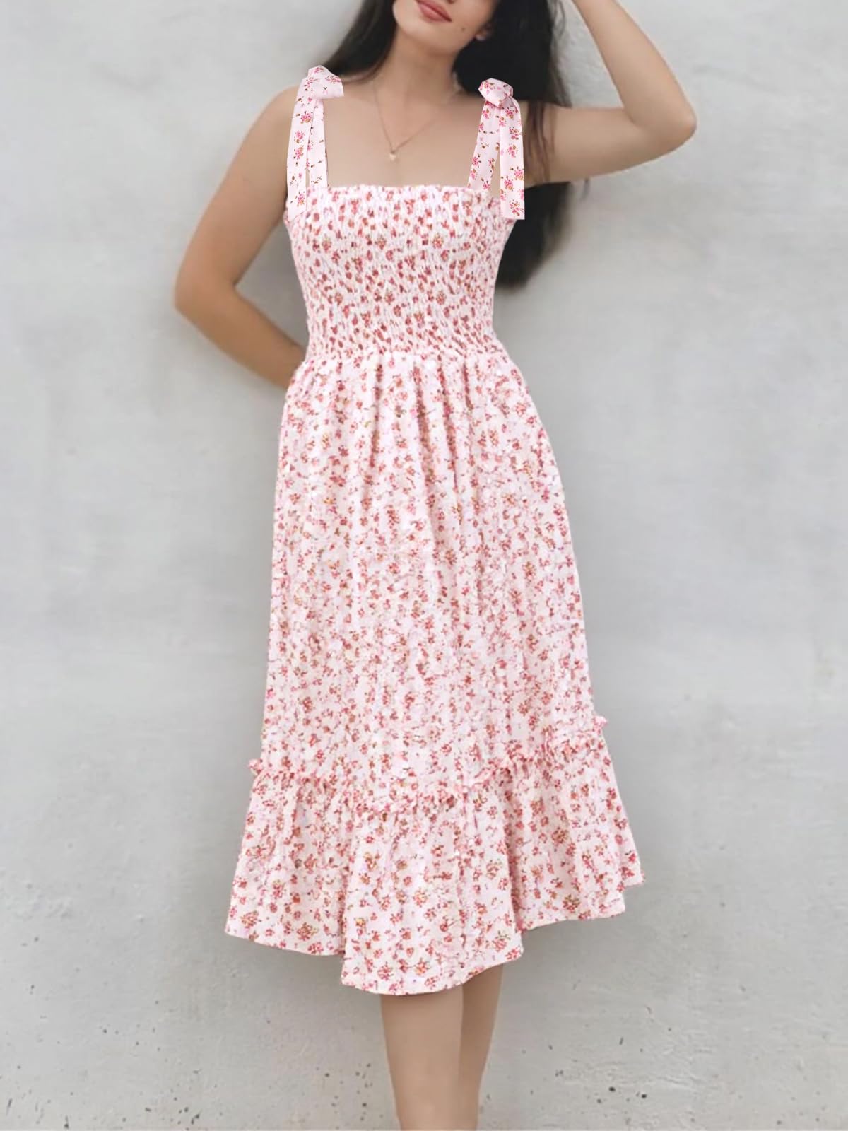 Imily Bela Womens Summer Floral Maxi Dress Boho Tie Strap Sleeveless Smocked A Line Beach Sundress Long Dresses: Large Pink