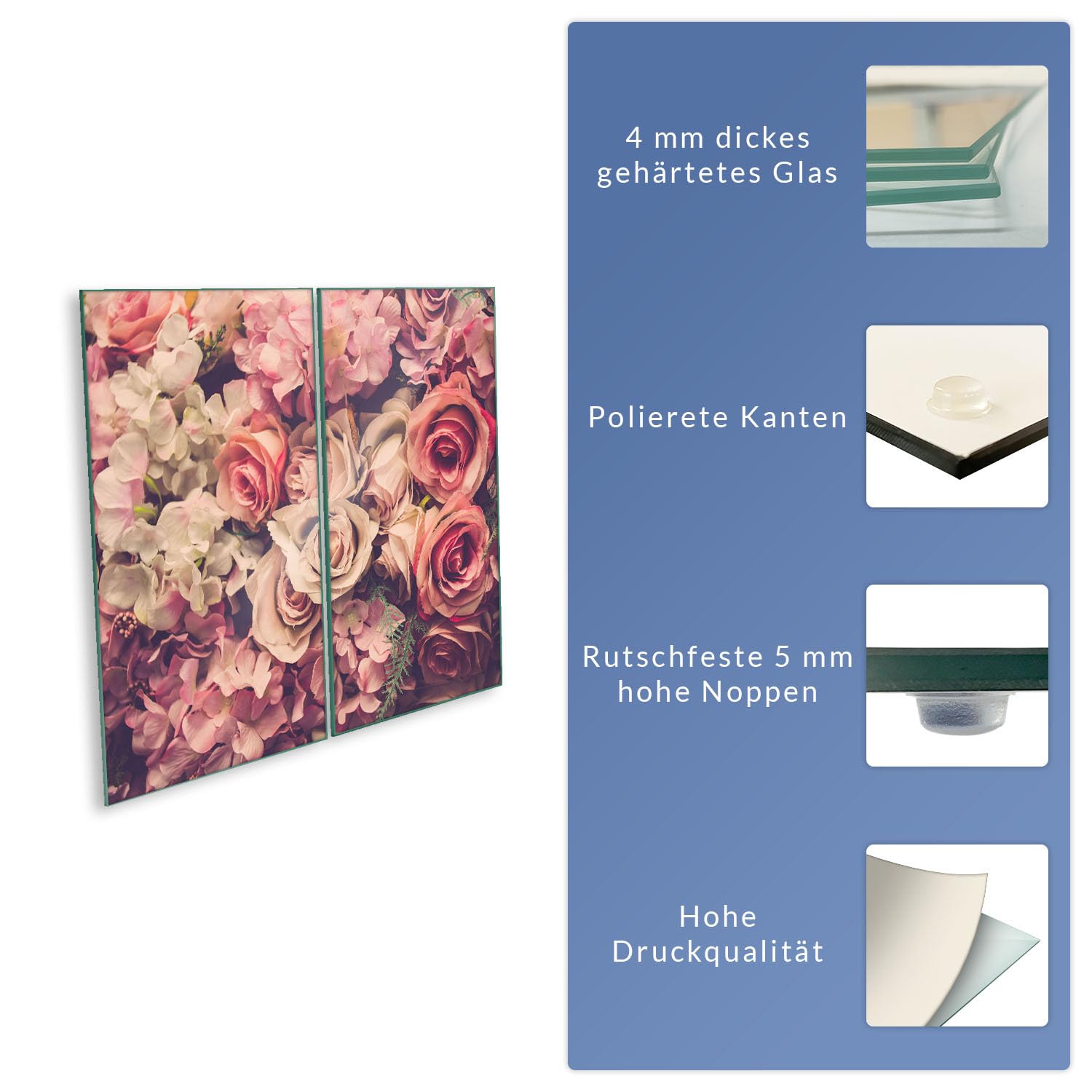 decorwelt Herdabdeckplatte 2 teilig Ceranfeld Rosen Bunt 2x30x52 Kochplatten Glas Küche