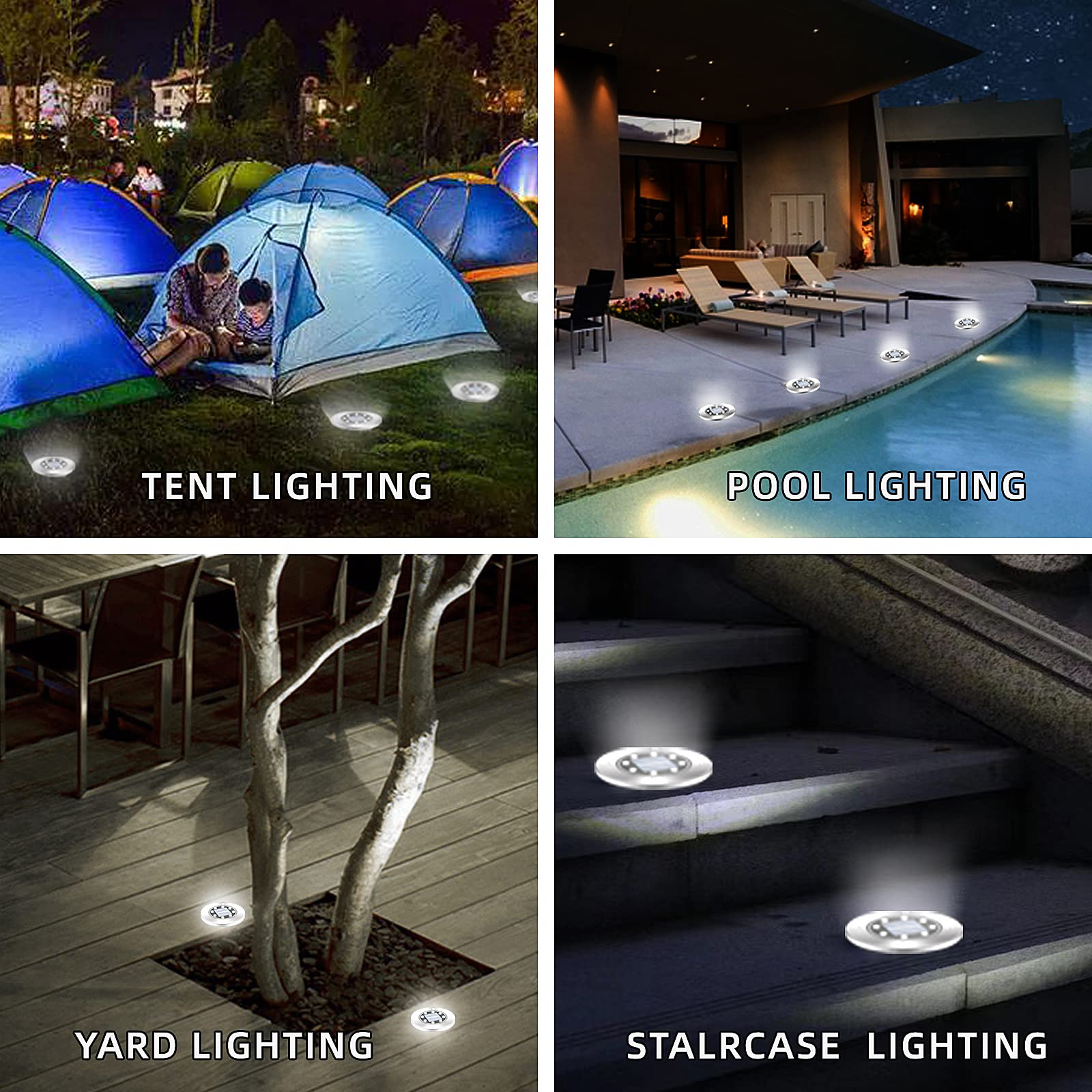 MOCOST Confezione da 8 luci solari da terra, 8 LED intelligenti, luci solari a disco, lampada impermeabile per esterni, per cortili, giardini, prati, marciapiedi (bianco freddo)
