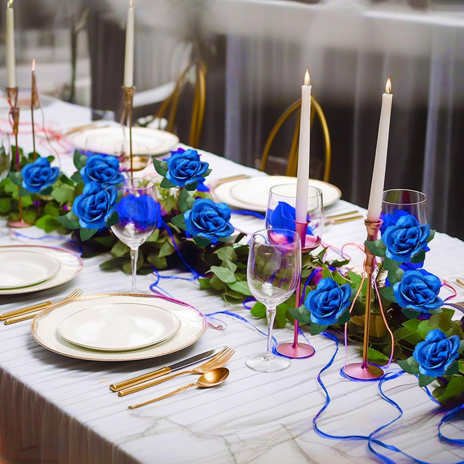 8 Pcs 63 ft Roses Artificial Flowers Garland Artificial Roses with Stems Flower Garland for Backdrop Home Wedding Garden Party Craft Plants Wall Hanging Decor(Blue)