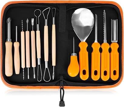 Elmchee Halloween Pumpkin Carving Tools, Halloween Jack-O-Lanterns 13 Piece Professional pumpkin cutting supplies tools Kit stainless steel lengthening and thickening