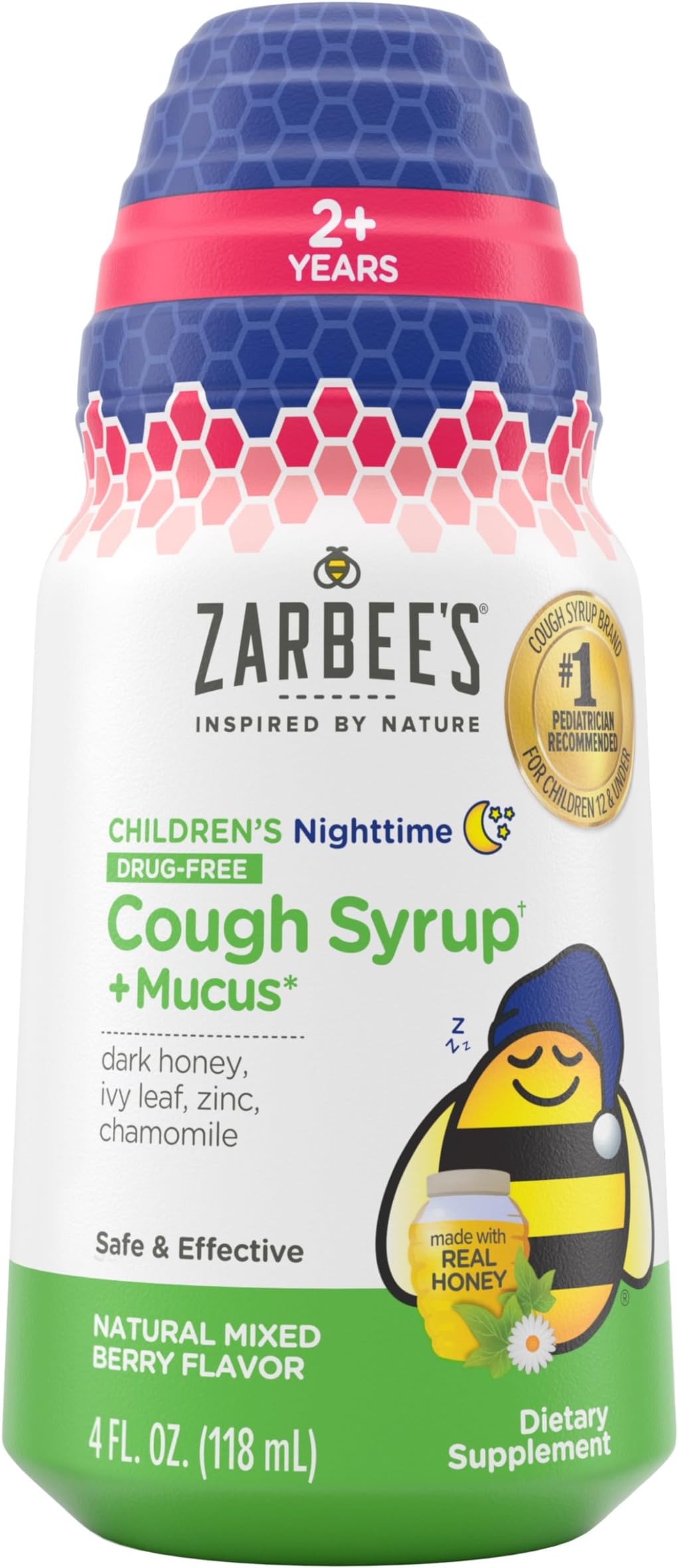 Kids Cough + Mucus Nighttime for Children 2-6 with Dark Honey, Ivy Leaf, Zinc & Elderberry, #1 Pediatrician Recommended, Drug & Alcohol-Free, Mixed Berry Flavor, 4FL Oz