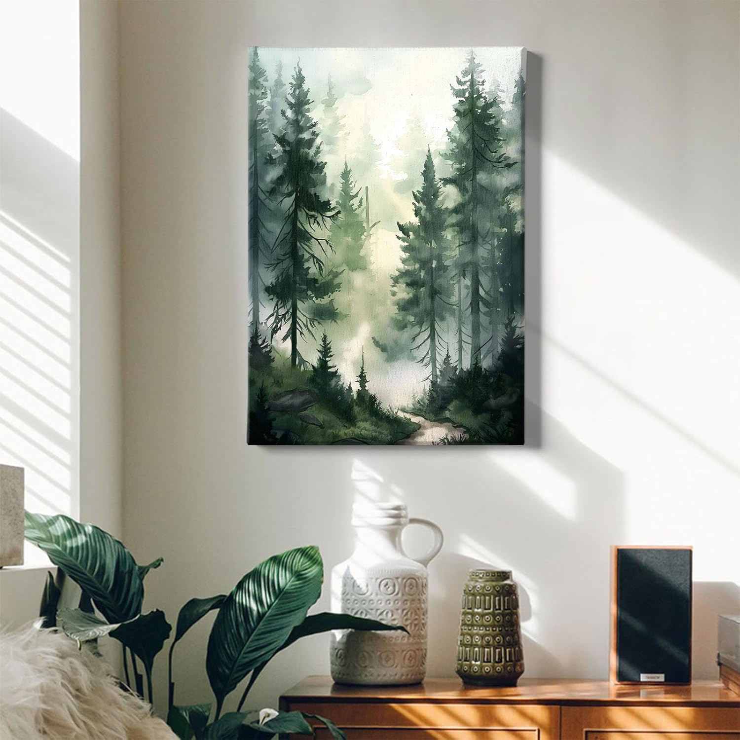 Foggy Forest Canvas Wall Art Pine Tree Painting Nature Landscape Poster Green Forest Landscape Picture Watercolor Nature Wall Art Foggy Misty Pine Artwork Watercolor Tree Print 16x24inch Framed