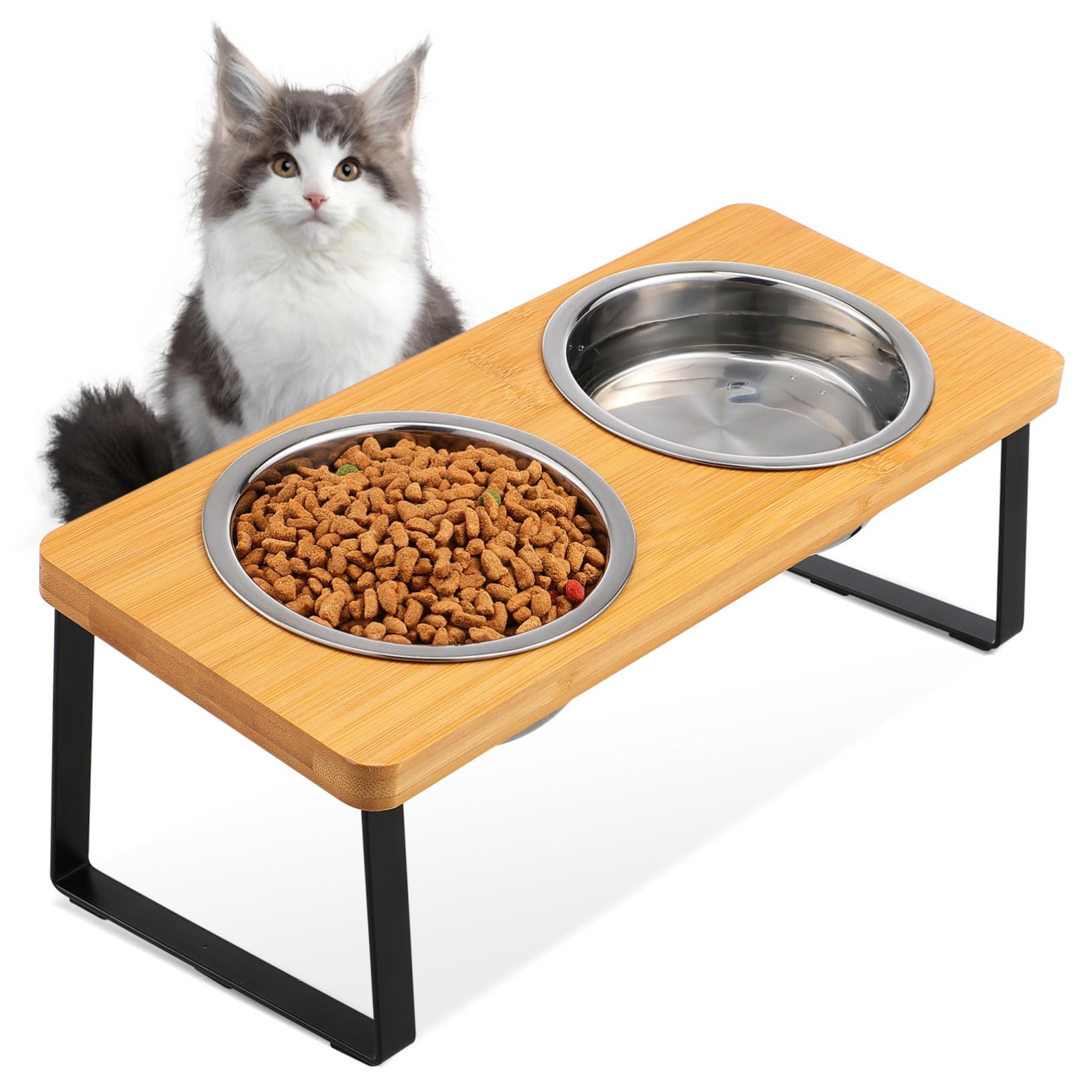 Gatuida Comedero Gato Elevado Doble con Soporte Antideslizante Cuencos de Acero Inoxidable para Comida y Agua Diseño Moderno Minimalista para Gatos de Interior