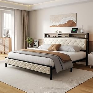 Beige Platform Bed Frame King Size with Charging Station Upholstered Storage Bedframe with Headboard Footboard Metal Slats Supports