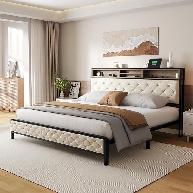 Beige Platform Bed Frame King Size with Charging Station Upholstered Storage Bedframe with Headboard Footboard Metal Slats Supports