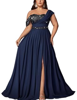VOUIAO Vestidos de dama de honor de talla grande para mujer, vestido largo de verano con lentejuelas, acampanado, para invitadas de boda, graduación, fiesta de noche, vestido de cóctel | One Shoulder Chiffon A Line Maxi Gown,High Slit Curvy Elegant Summer Dress,Wedding Guest Cocktail Party Mother of the Bride