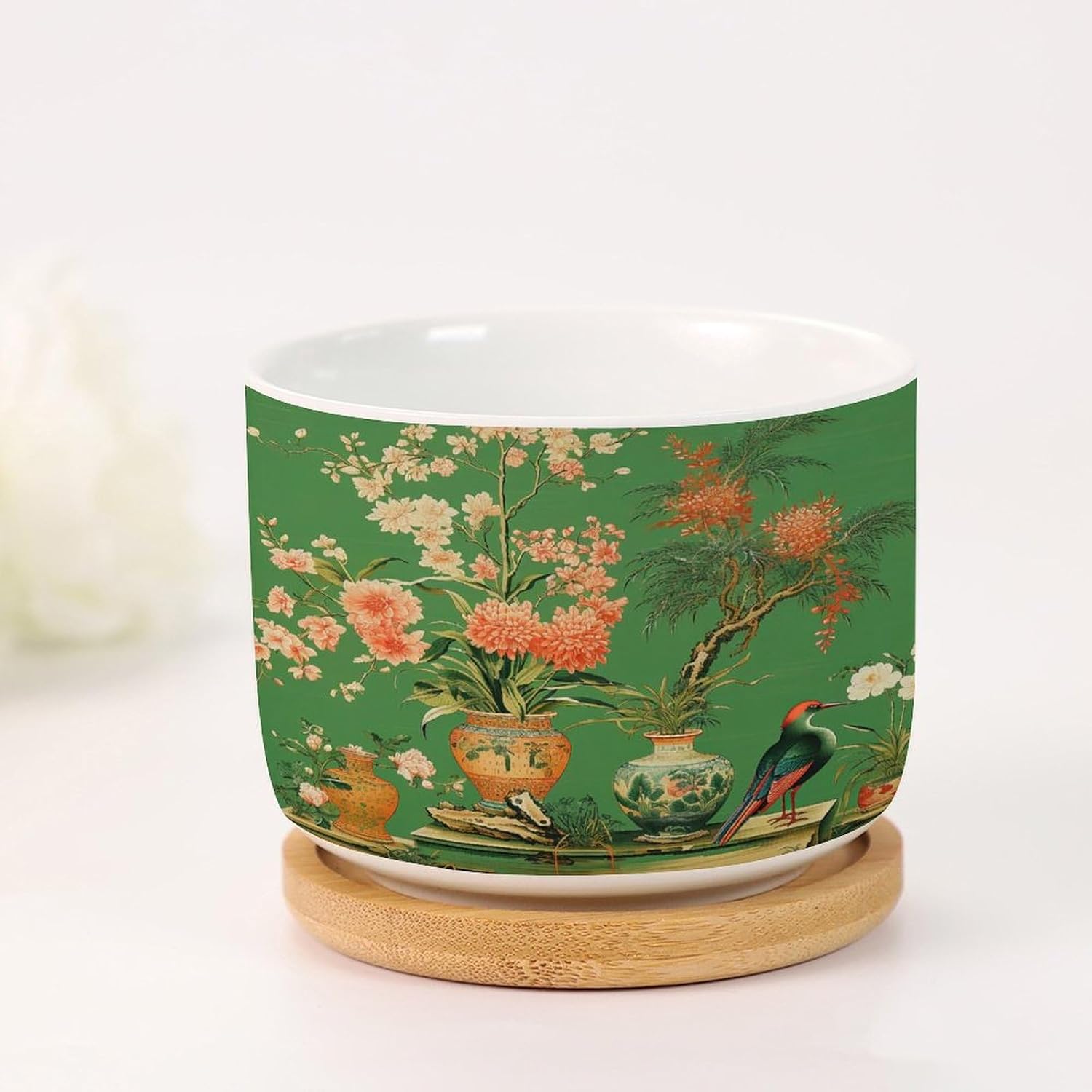 Asian Vase with Flower Planters Ceramics Set of 3 Vase Green Chinoiserie Cactus Pot for Indoor with Drainage and Bamboo Tray Chinoiserie Small Ceramics Pots for Plants