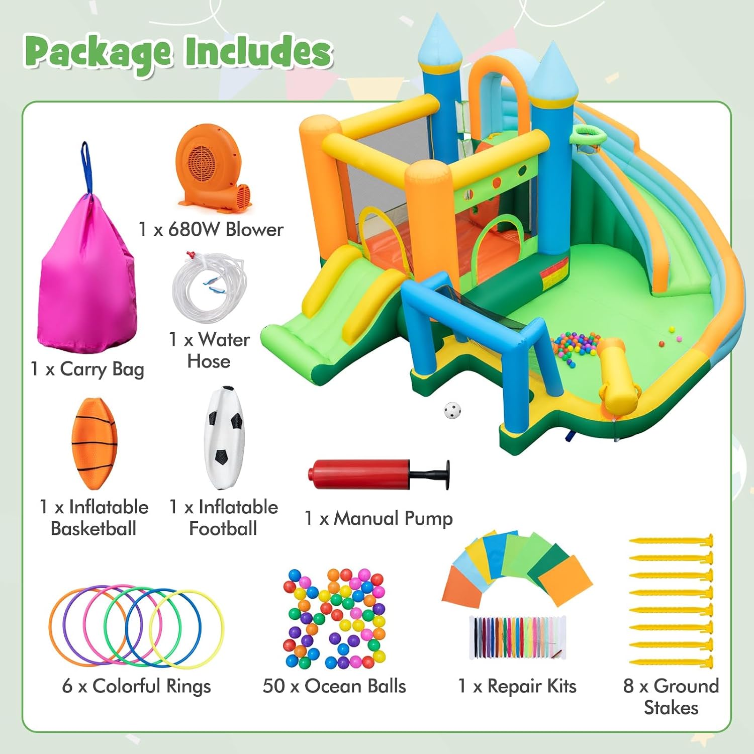 KOTEK Inflatable Water Slide, Bounce House Waterslide Inflatables Water Park w/ 2 Slides, Climbing Wall, Soccer Gate & Deep Pool, Outdoor Blow up Water Slides for Kids Backyard (with GFCI 680W Blower)