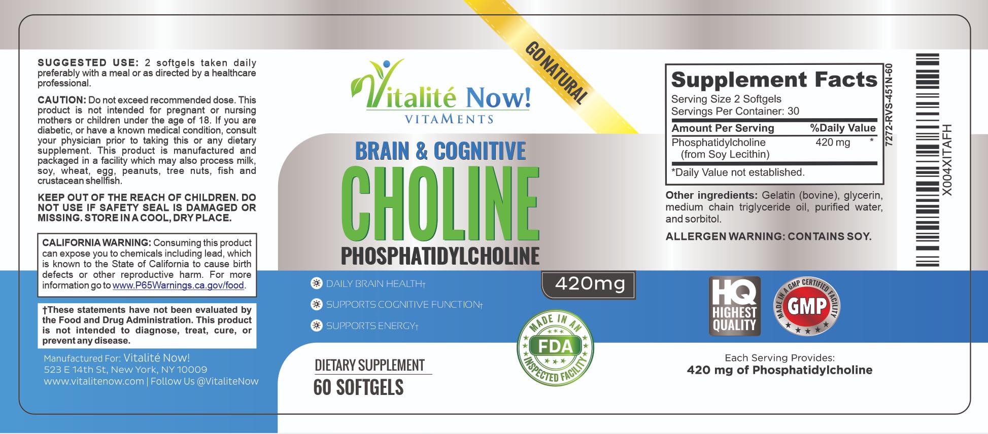 Vitalité Now! Choline Phosphatidyl, High Potency, Phosphatidylcholine 420mg — Amazon image 5