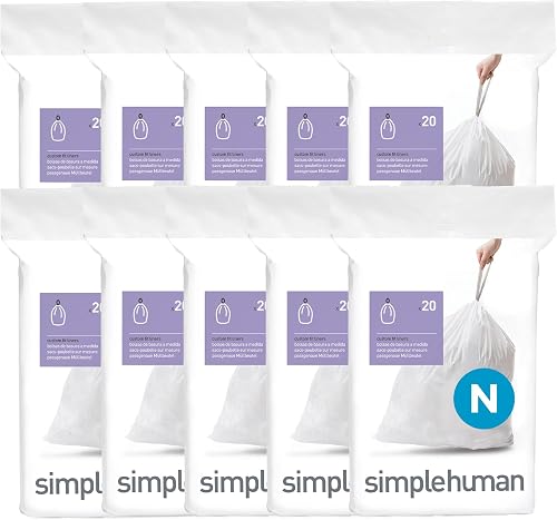 simplehuman Code N 200 Count, Dispenser Pack Custom Fit Liners, Drawstring Trash Bags, 45-50 Liter / 11.9-13.2 Gallon, White