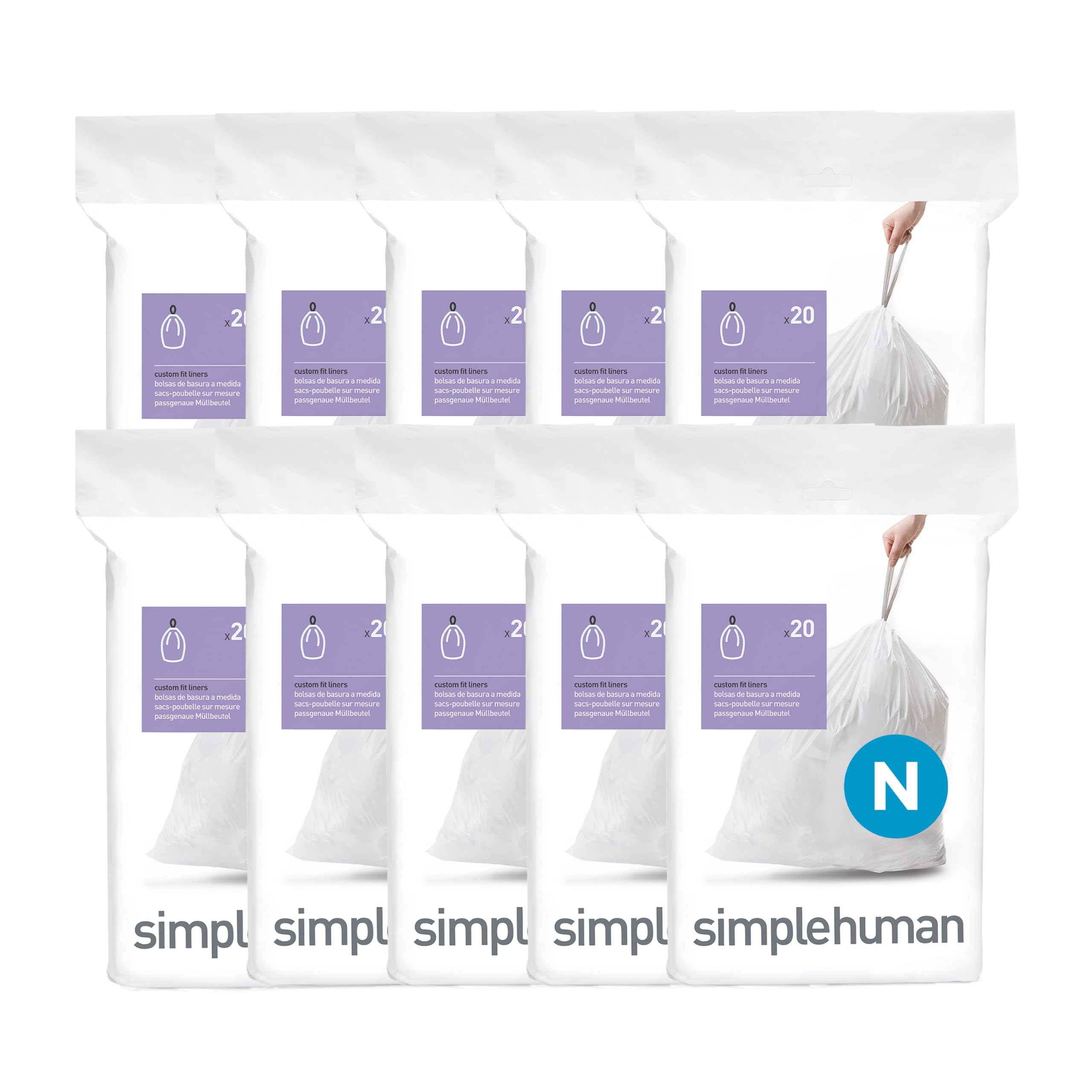 simplehuman Code N 200 Count Custom Fit Liners, Drawstring Kitchen Trash Bags, One-by-One Mess-Free Dispense, Extra Thick & Double Seamed, 50% PCR Plastic, 40-50 Liter / 10.6-13 Gallon, White