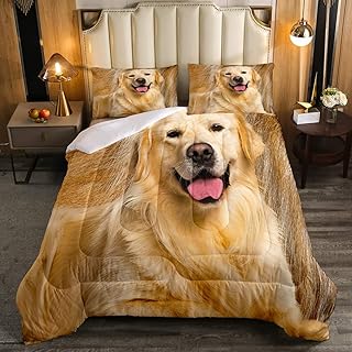 Golden Retriever Comforter Set Dog Print Bedding Set for Kids Adults Cute Puppy Duvet Set Soft Warm Fluffy Dog Hair Bedspreads Collection 3Pcs Queen Size Boys