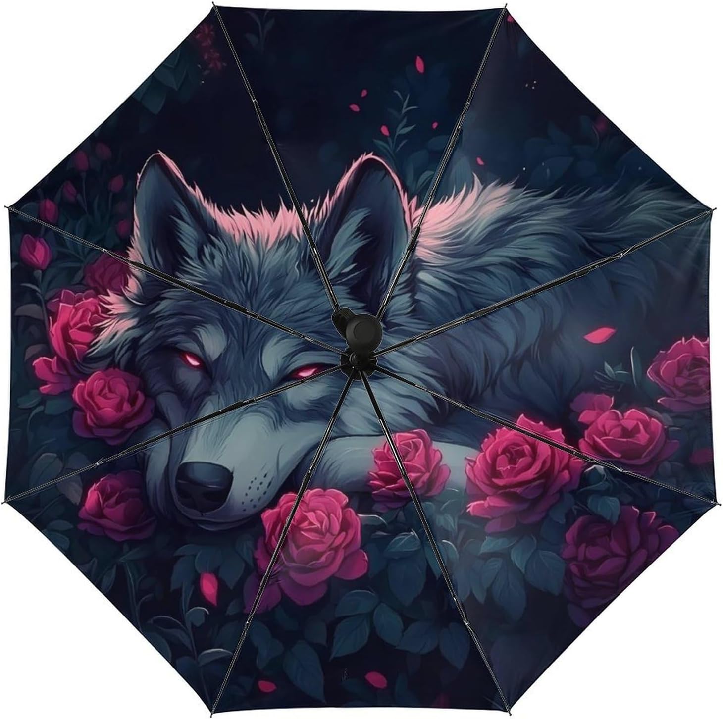 Rose Wolf Print Windproof Travel Umbrella Compact Portable Automatic Umbrella for Sun Rain