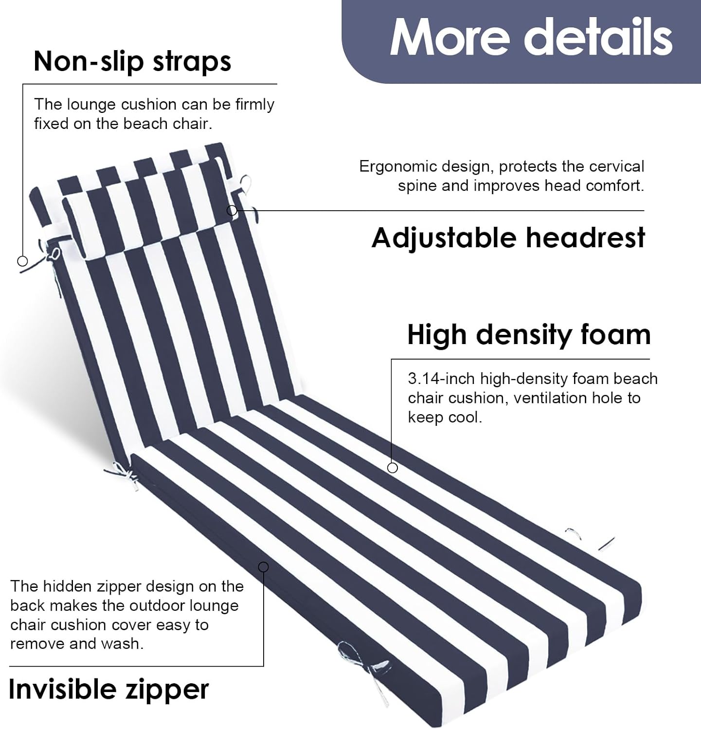 Chaise Lounge Cushions Outdoor, 72" x 21" x 3" Waterproof Memory Foam, Fade-Resistant & Reversible Patio Lounger Cushion Set for Patio & Pool (1, Striped Navy & White, 72x21x3.14in)