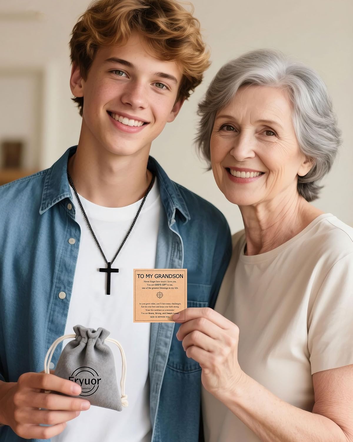 Faith, Love & Strength - Stainless Steel Cross Necklace for Son Grandson Teen Boys Christian Christmas Birthday Gifts - Image 3