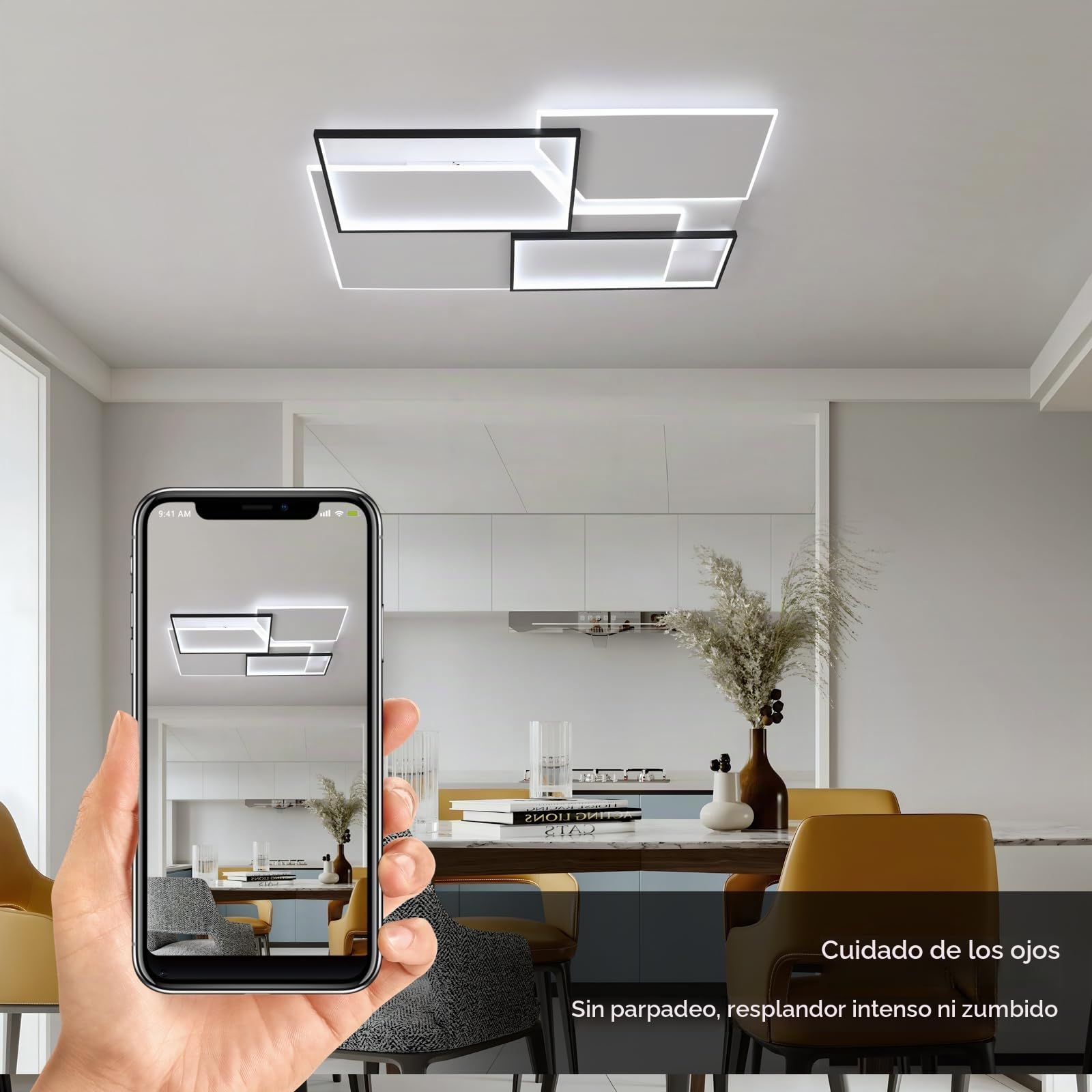 Lámpara de Techo LED 110CM, 80W 9000LM Plafón LED Regulable con Mando a Distancia, 3000K-6000K, Geometría Diseño Luz de Techo Moderna para Dormitorio, Sala de Estudio, Comedor, Negro y Blanco