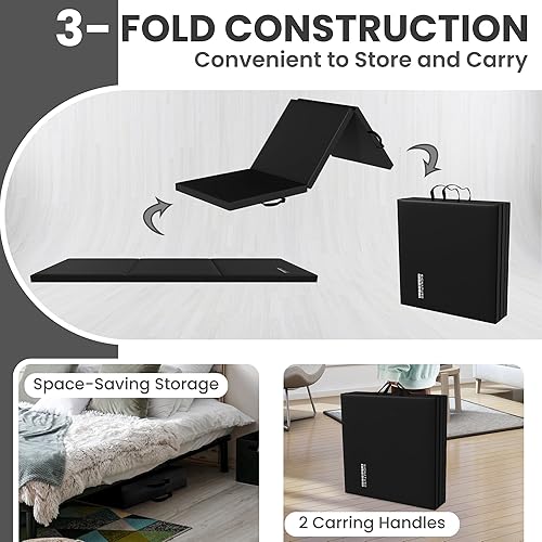 Miniatura 3 de Fitvids Colchoneta de gimnasia plegable para hacer ejercicio, 2 x 6 x 2 pulgadas, con asas de transporte, de alta densidad, antidesgarros, portátil,