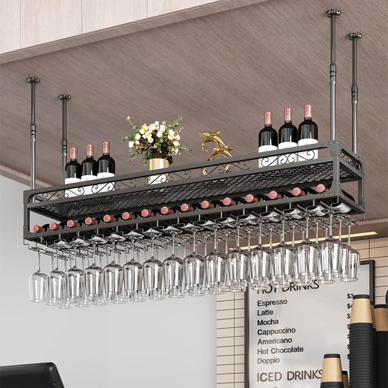 Industrial Hanging Wine Rack with Glass Holder and 2 Layer Shelf Ceiling Wine Racks for Wine Bottles and Glasses