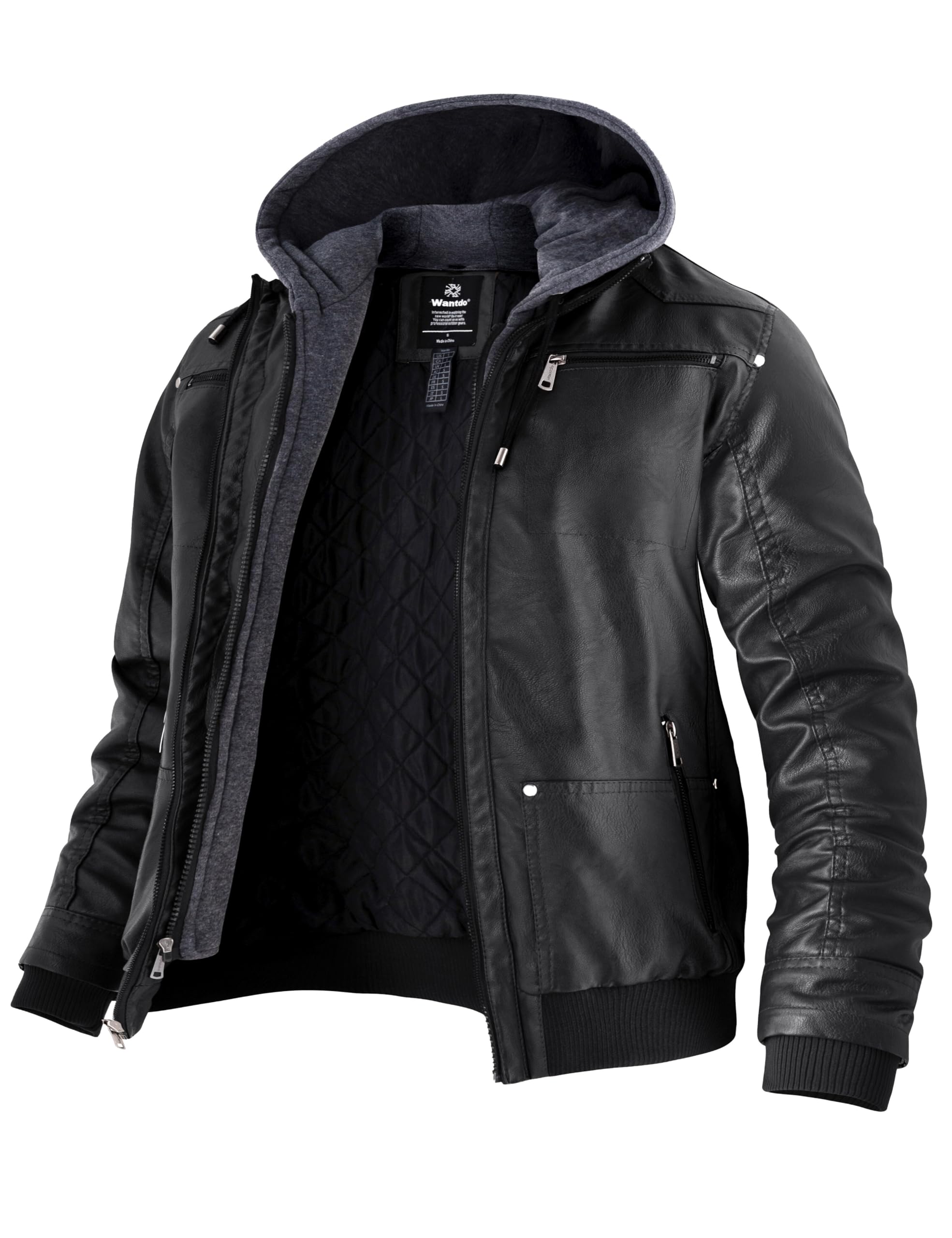 Wantdo Giacca in Pelle da Uomo Giubbotto con Cappuccio Rimovibile da Lavoro Mezza Stagione Primavera Antivento Antipioggia Giacca da Moto Casual