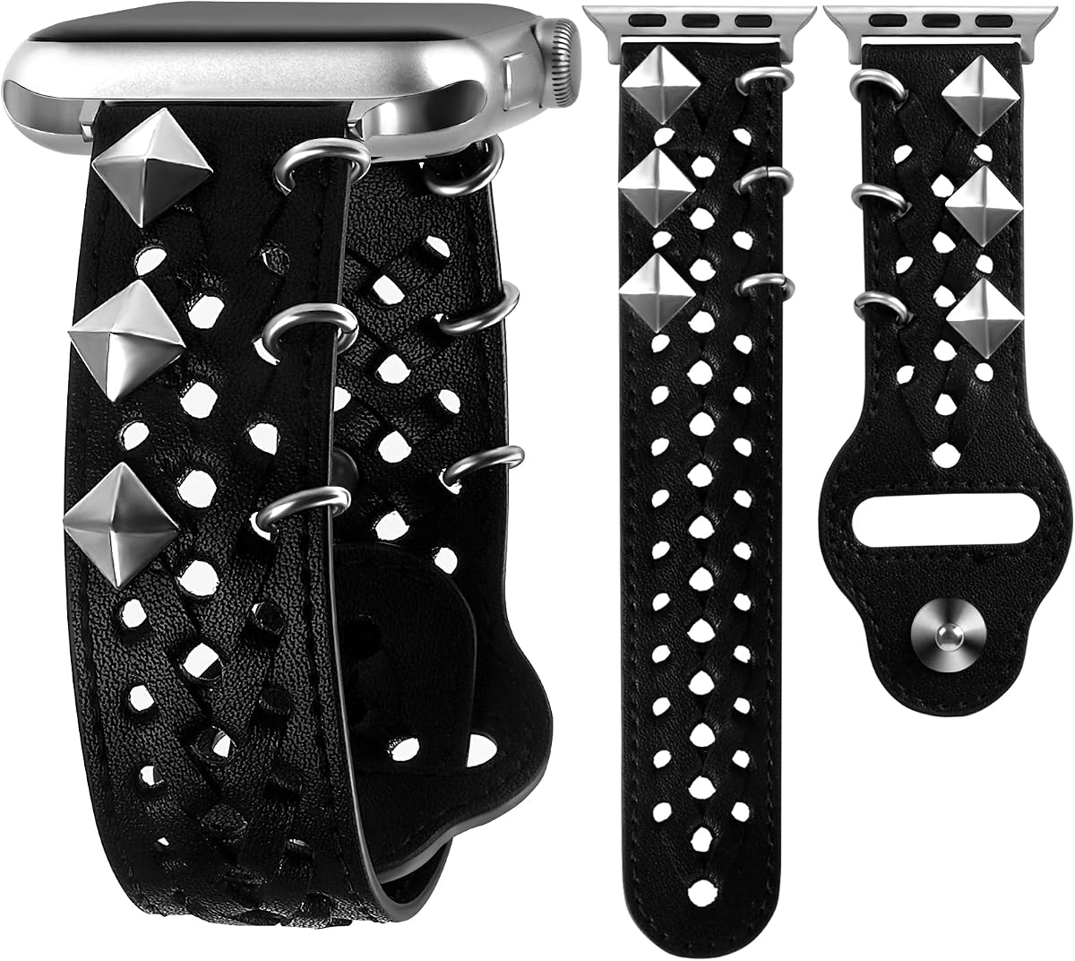 VIQIV Leather Band Compatible with Apple Watch Band 49mm 45mm 44mm 42mm 41mm 40mm 38mm Series Ultra SE 9 8 7 6 5 4 3 2 for Women Black, Western Smart Watch Bracelet for Men, Goth Studded Designer Wristbands Smartwatch Strap for iWatch