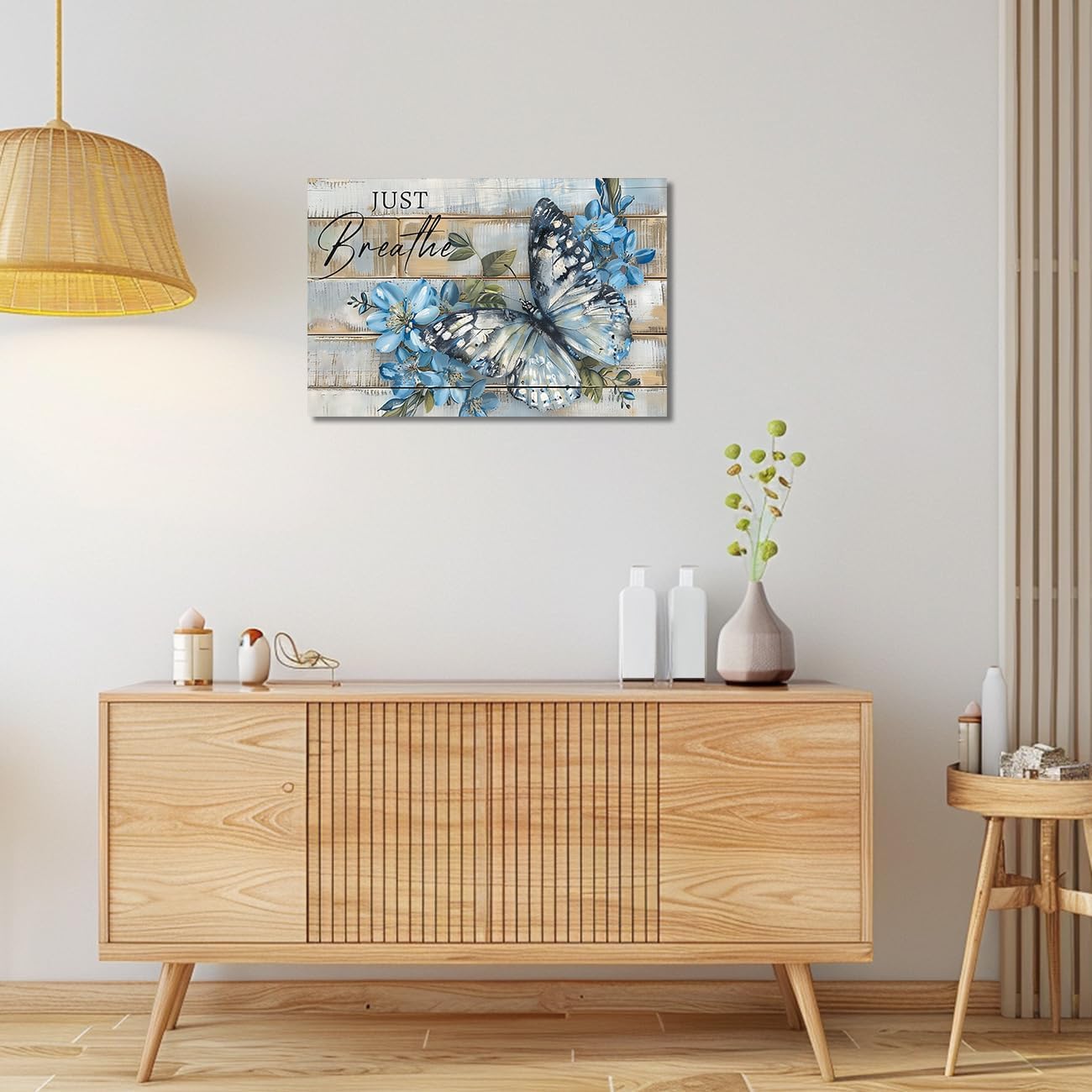 ZQQART Canvas Wall Art Vintage Inspirational Blue Flower Butterfly Picture Farmhouse Poster for Bedroom Home Decor Framed (16.00" x 24.00")