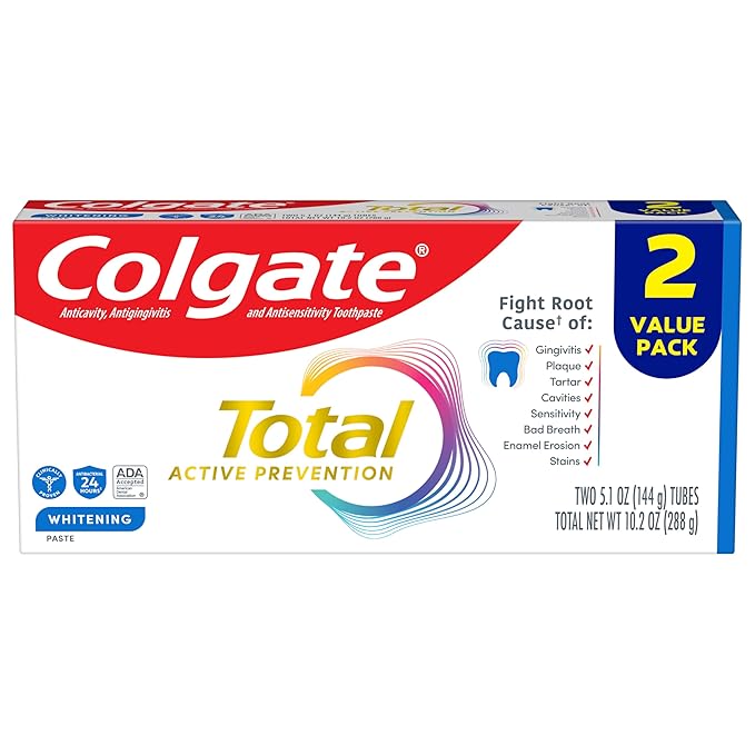 Colgate Total Whitening Toothpaste, 5.1 oz, 2 Pack, Fluoride Antibacterial Paste for Plaque, Gingivitis, Sensitivity, Stain Removal, Clinically Proven, Mint, Stannous Fluoride