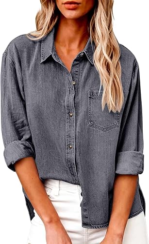 Chambray Button Down Shirt Women Long Sleeve Collared Chambr