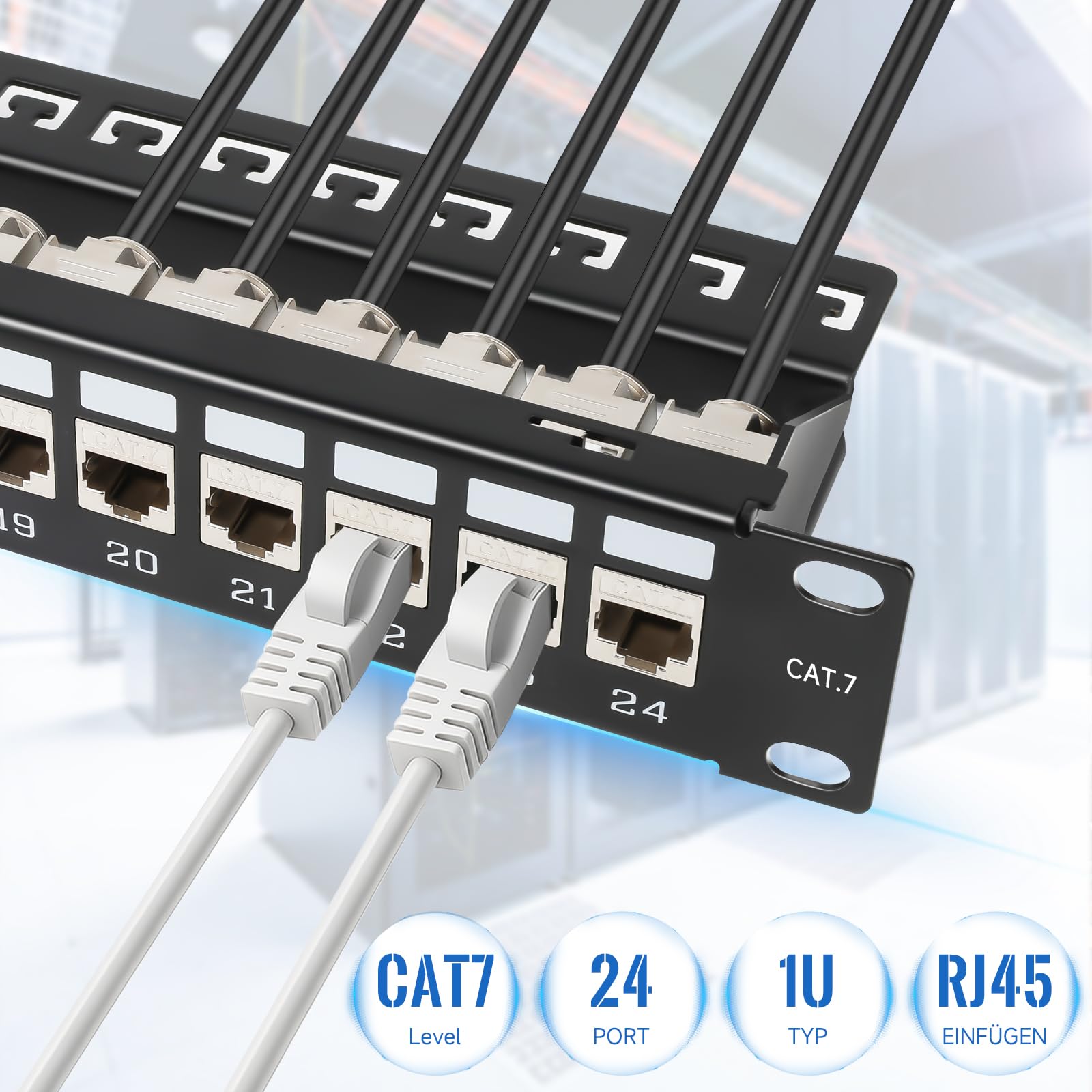 CAT 7 Patchpanel Verteilerfeld 24 Port, 19 Zoll Patchpanel Set mit 24x Cat7 Keystone Module Geschirmter, Rackeinbau RJ45 LAN Netzwerk 10Gbps/550MHz, mit EMI/RFI-Schutz und Kabelmanagement-Kit