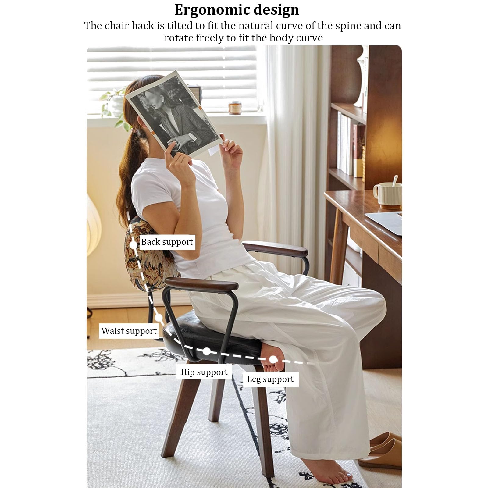 Sedia da scrivania girevole moderna di metà secolo – poltrona imbottita in ecopelle con gambe in rovere, senza ruote, perfetta per ufficio, soggiorno, sala da pranzo, elegante e confortevole