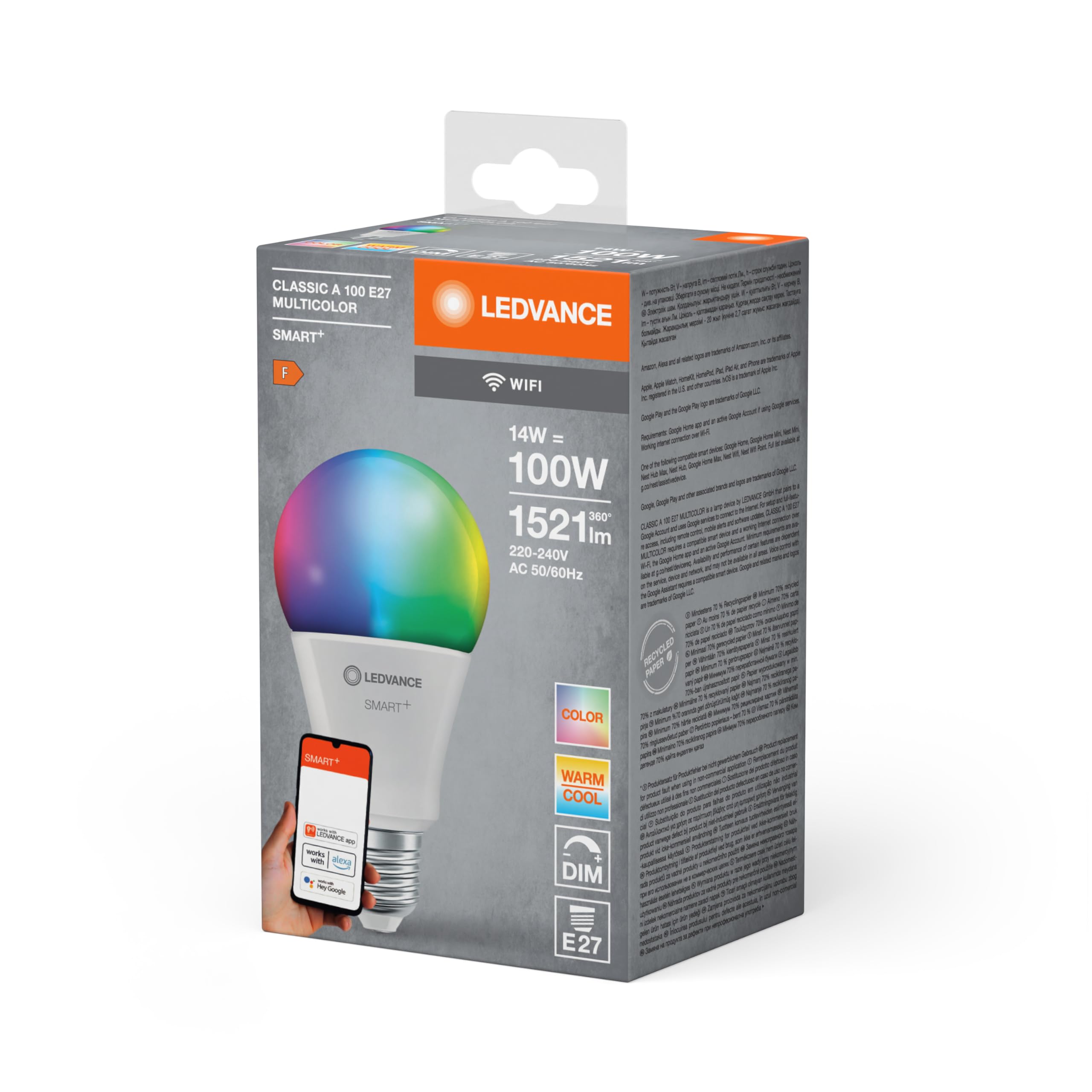 LEDVANCE SMART+ WIFI LED lamp, frosted look, 14W, 1521lm, classic bulb shape with E27 base, color light and white light, app or voice control, life of up to 20,000 HR, paquete de 4