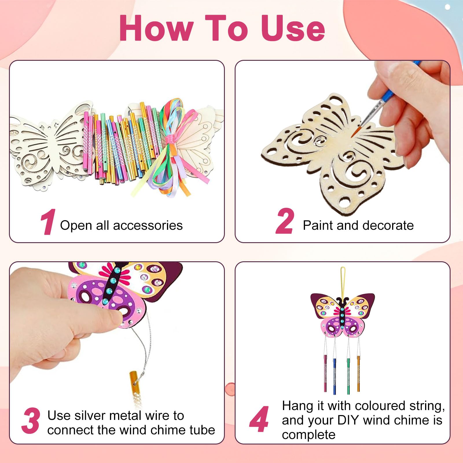 10 Pack Wind Chime, Butterfly Wooden Wind Chimes, Windchimes Crafts for Painting Decorating, Wooden Pretty Craft Kit for Kids - Image 3