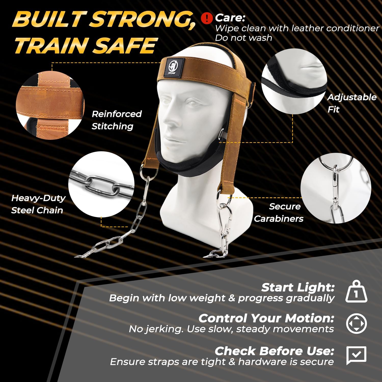 Leather Neck Harness for Weight Lifting – Adjustable Head Strap with Heavy-Duty Steel Chain & Microfiber Padding – Neck Exerciser for Bodybuilding, Boxers & Gym Workout
