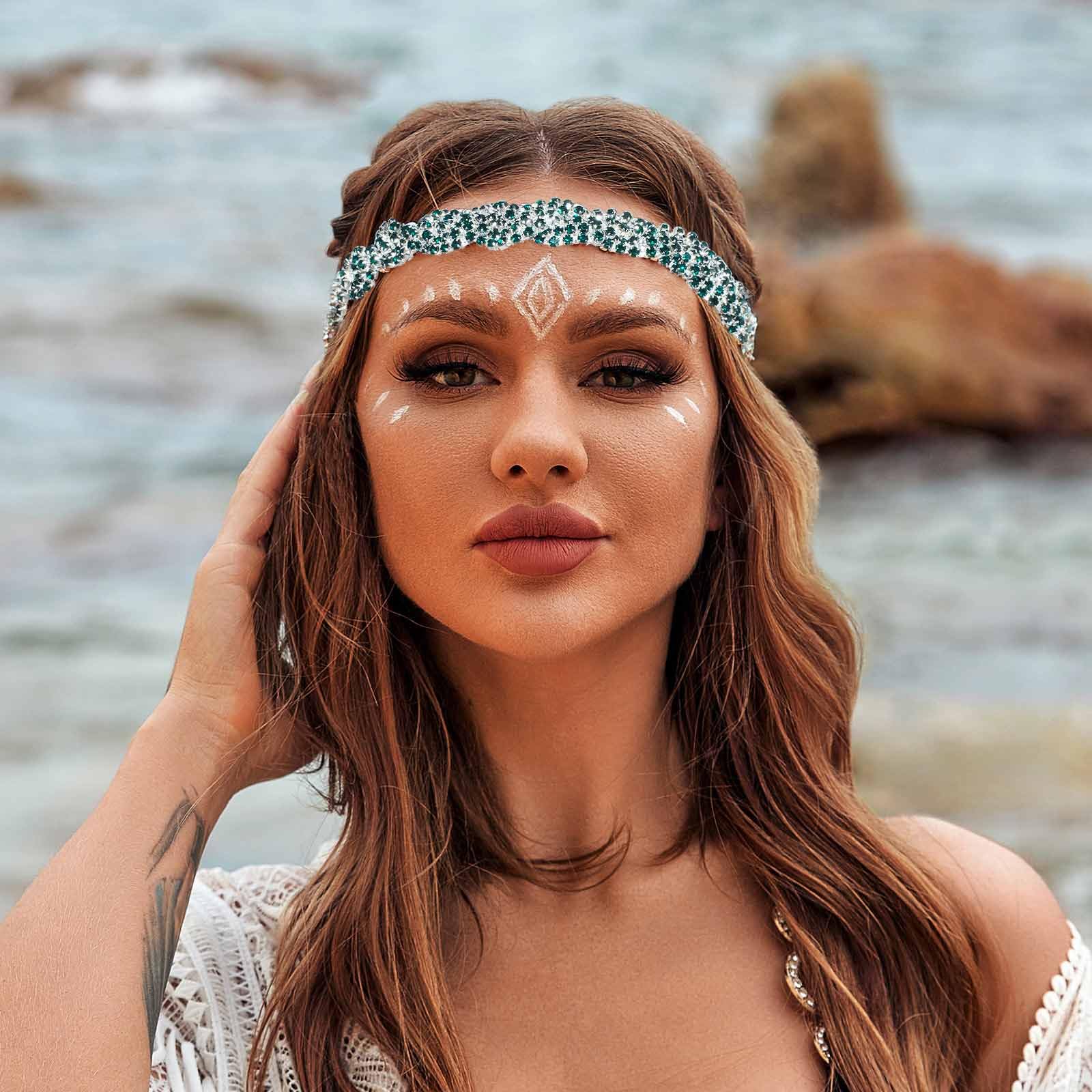 Women's Rhinestone Headbands Sparkly Elestic Hairband Vintage Metal Headbands Sparkly Elegant Party Daily Head Chain (Green, M) - Image 4