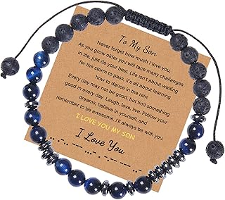 To My Son Grandson/Son/Daughter Hematite Natural Lava Stone Bead Morse Code Bracelet Adjustable Crystal Tiger Eye Braided Rope Bracelet for Men Boy Women Girl Graduation Gift Inspirational Jewelry
