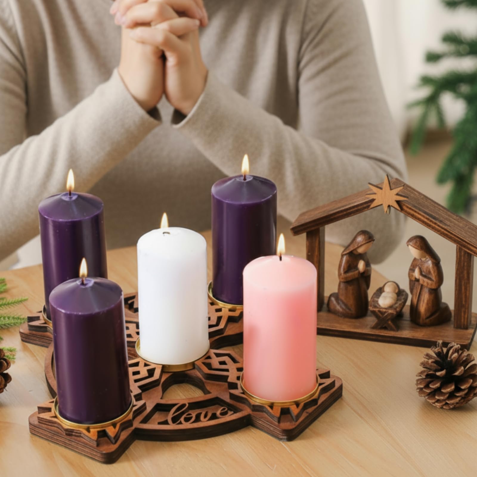 Roowest Portacandele in legno con nodo celtico per la tavola di Natale, centrotavola, decorazione religiosa (candele non incluse)