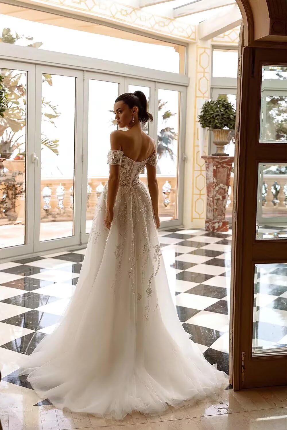 Tulle A Line Wedding Dresses Off Shoulder Wedding Gowns Sparkly Lace Applique Boho Bridal Gowns for Bride