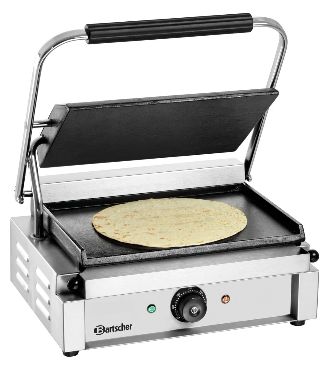 Bartscher Kontaktgrill Panini 1G – elektrischer Grill mit glatter Gusseisenplatte, 230 V, 2,2 kW, für Gastronomie, silbergrau, inkl. Reinigungsbürste