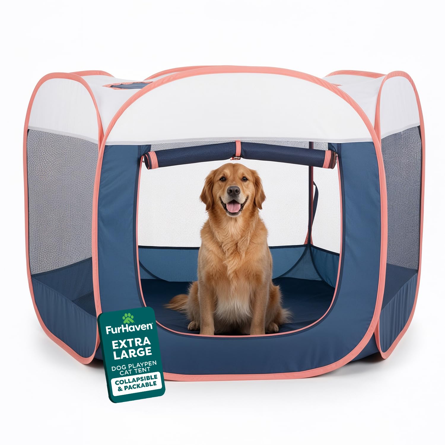 FurHaven Soft-Sided Dog & Cat Playpen, Portable Foldable Indoor & Outdoor Pet Playpen with Mesh Windows & Zippered Door, Navy, Extra Large - cat doors steps nets and pens | Mubboo