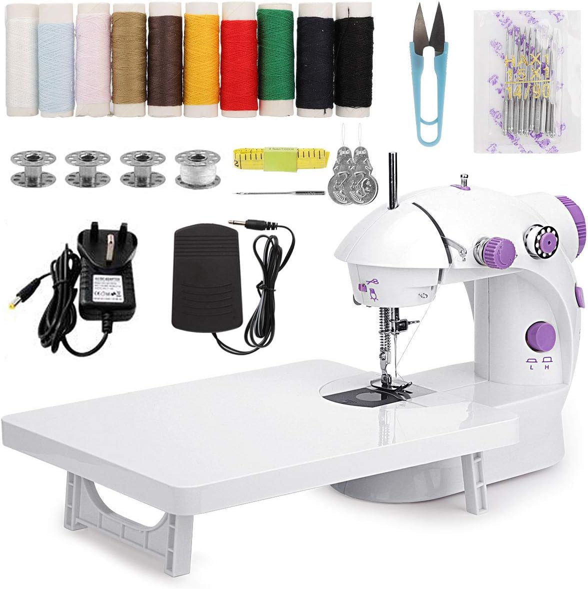 MinRi Mini Sewing Machine with Upgrade Extension Table Adjustable Double Threads and Two Speeds Portable Crafting Mending Machine Sewing Kit for Household, Travel, Kids, Beginners