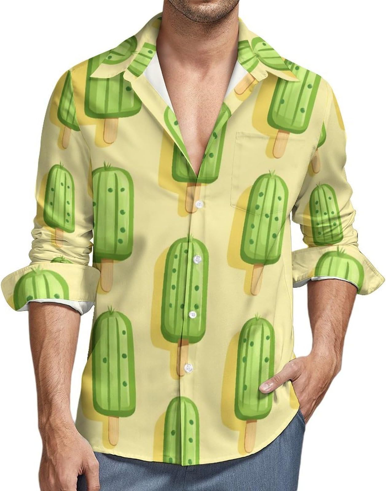 Green Popsicle Print Long Sleeve Button Down Shirts for Men, Casual Button Up Shirts Men with Pocket