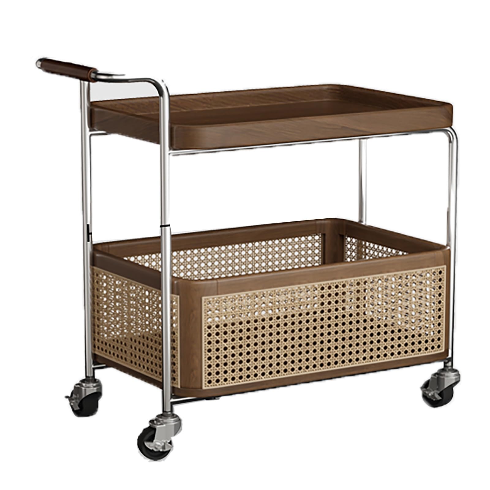 Mobile Side Table with Breathable Storage Basket Handrail Design End for Small Spaces Rolling Wheels(Brown)